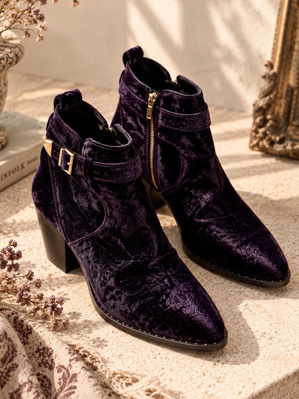 Topshop Premium Purple Velvet Western Ankle Boots EU 40